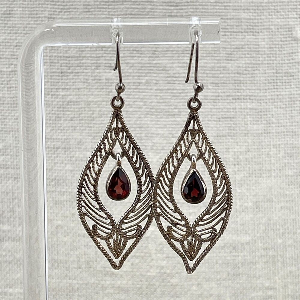 Vintage Silver Tone Filigree Red Garnet Gemstone Marquise Long Dangle Earrings
